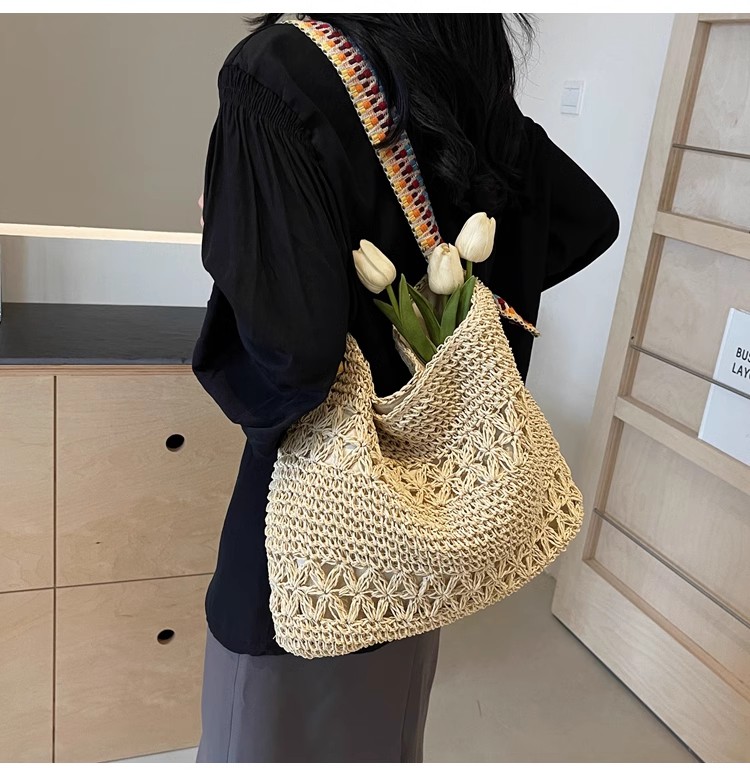 大容量草编包包女2025新款夏天海边度假编织包彩带单肩通勤托特包