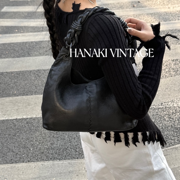 95新 BOTTEGA VENETA/葆蝶家 花绮中古/BV黑色中号编织和尚包