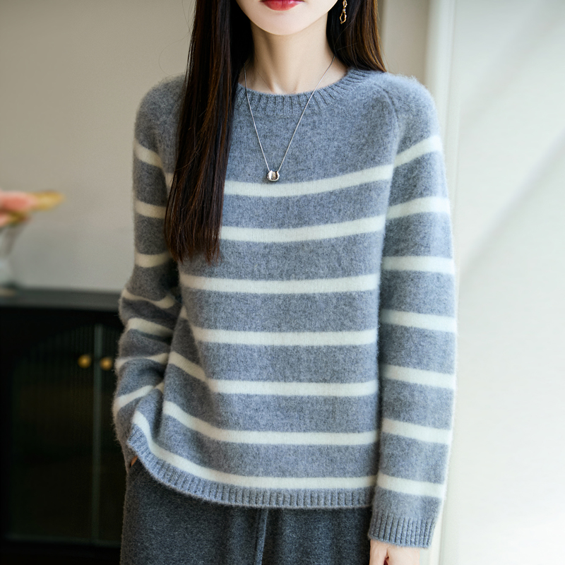 圆领条纹纯羊毛衫女针织打底衫拼色大码宽松毛衣韩版撞色上衣秋冬