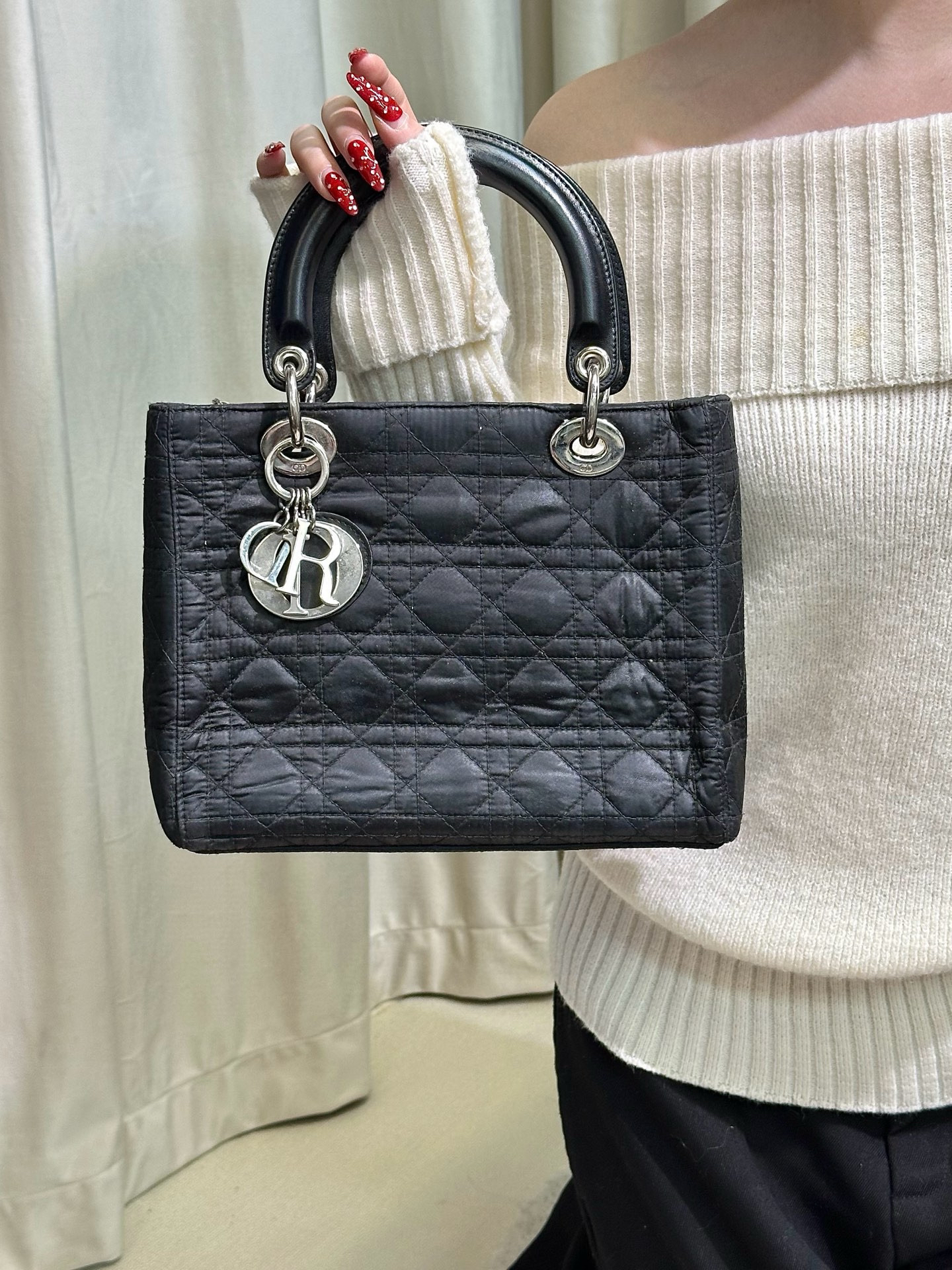 95新 DIOR/迪奥 dior 黑银五格戴妃手提包 