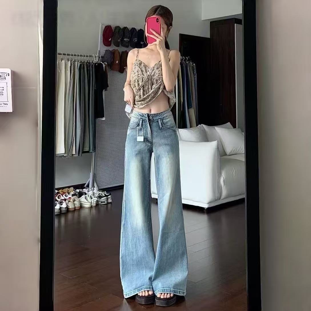 浅色纯欲慵懒风低腰微喇牛仔裤女秋冬爆款辣妹直筒阔腿显瘦拖地裤