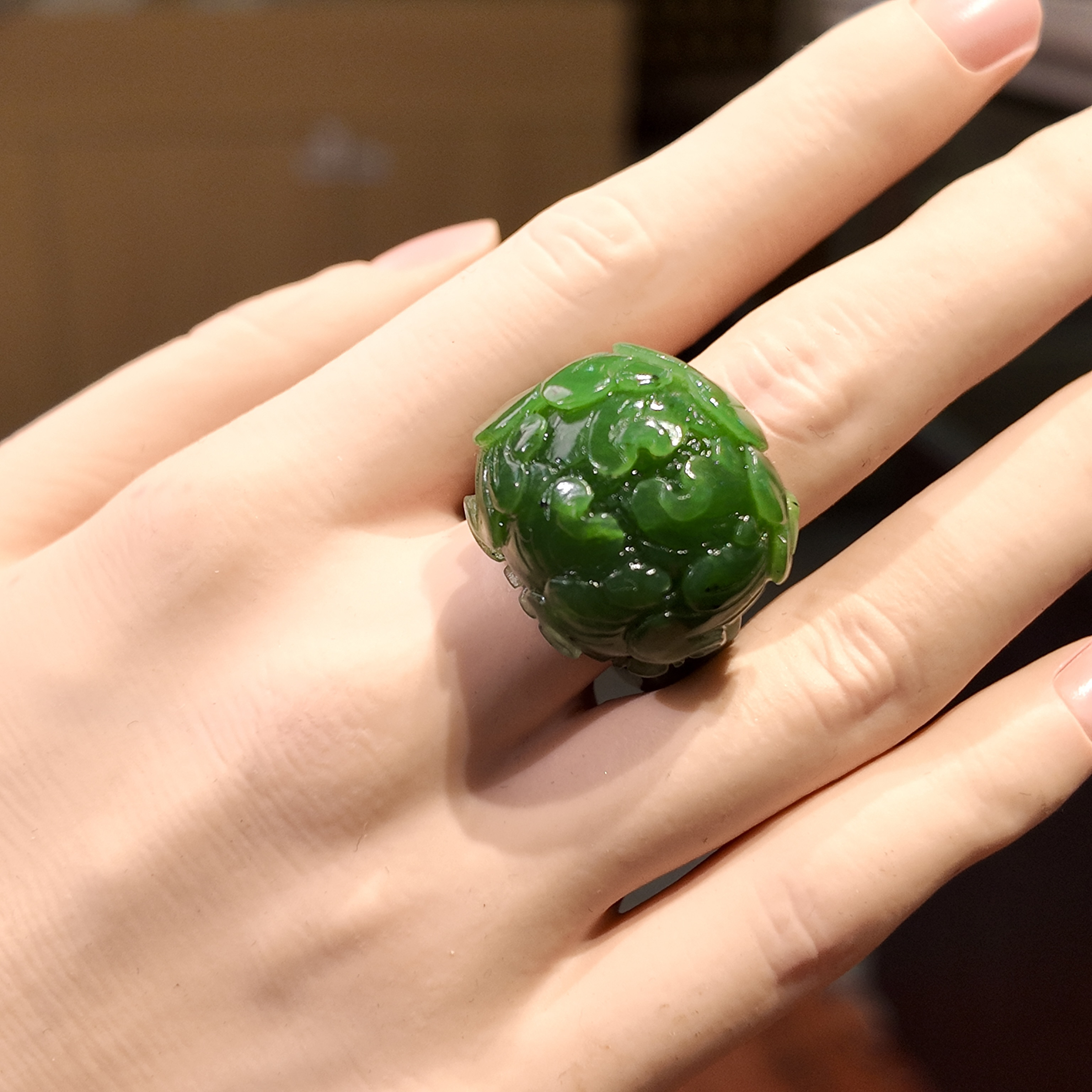 和田玉碧玉牡丹花戒指戒圈