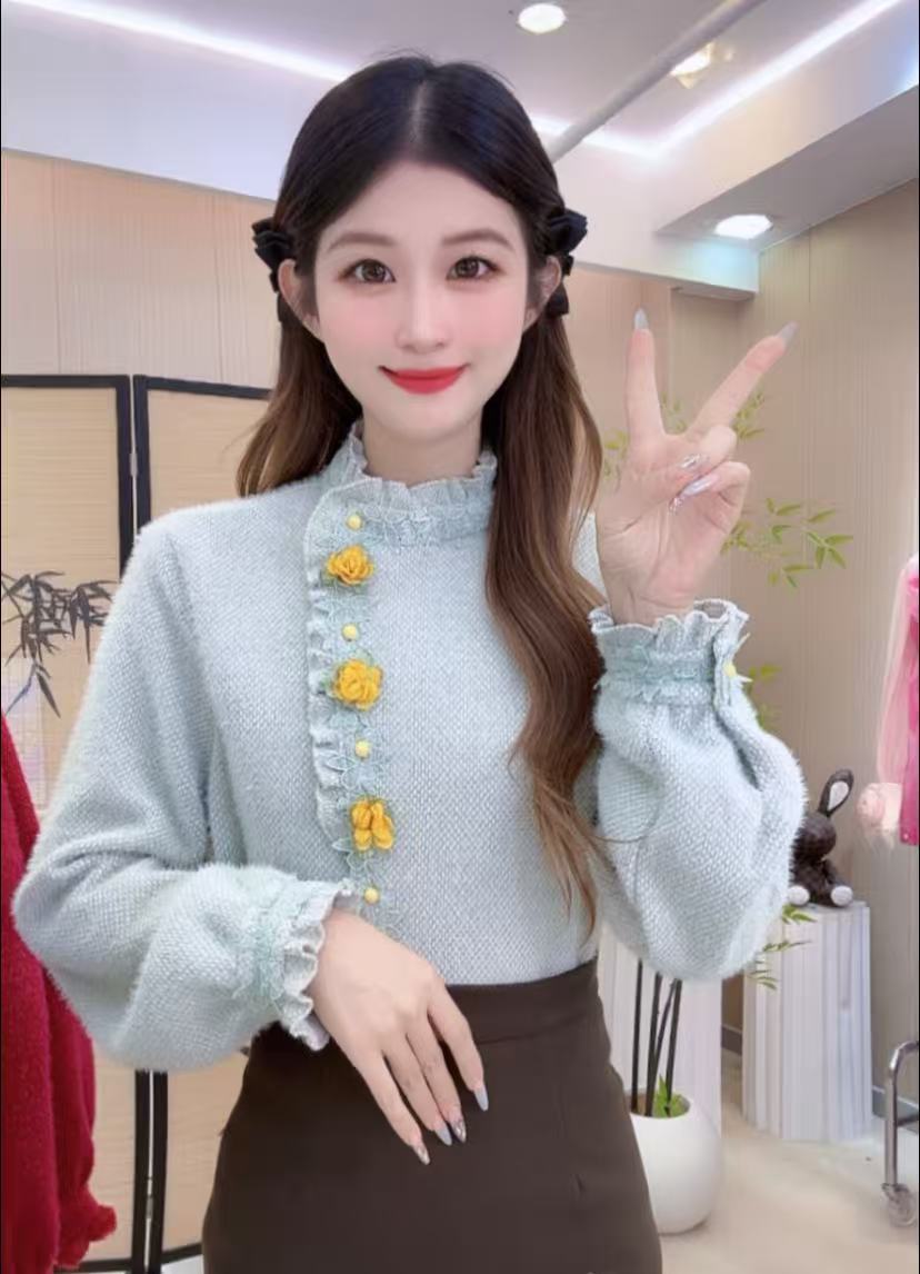 衬衫女法式花边立领复古秋冬新款减龄上衣时尚百搭显瘦气质小衫