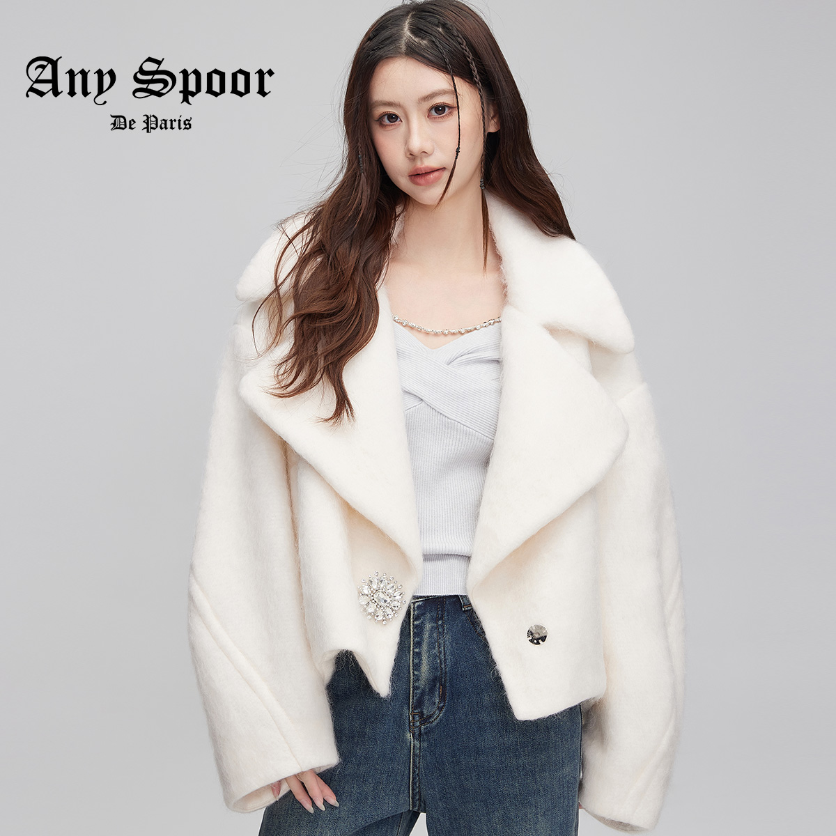 【ANY SPOOR】秋冬季新款千金风简约大翻领绵羊毛呢短外套上衣女