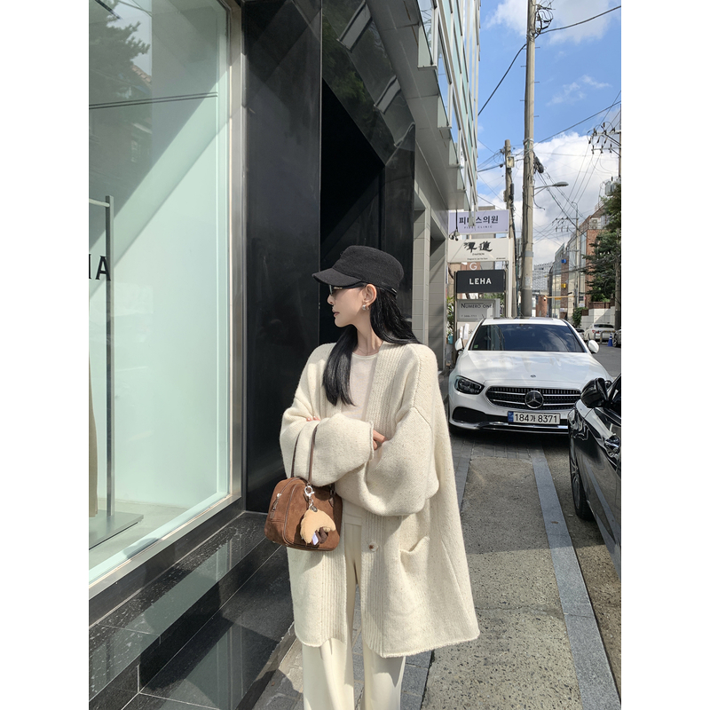 大小姐77 重磅时髦100绵羊毛加厚粗针V领针织开衫秋冬厚毛衣外套