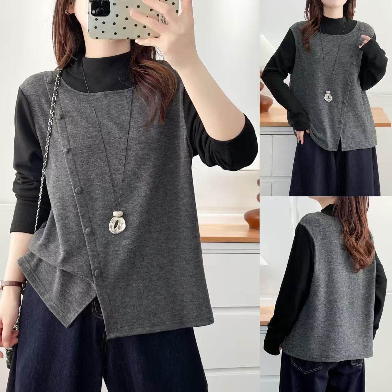 大码女装冬季洋气显瘦加绒加厚假两件半高领弹力打底衫T恤女拼接