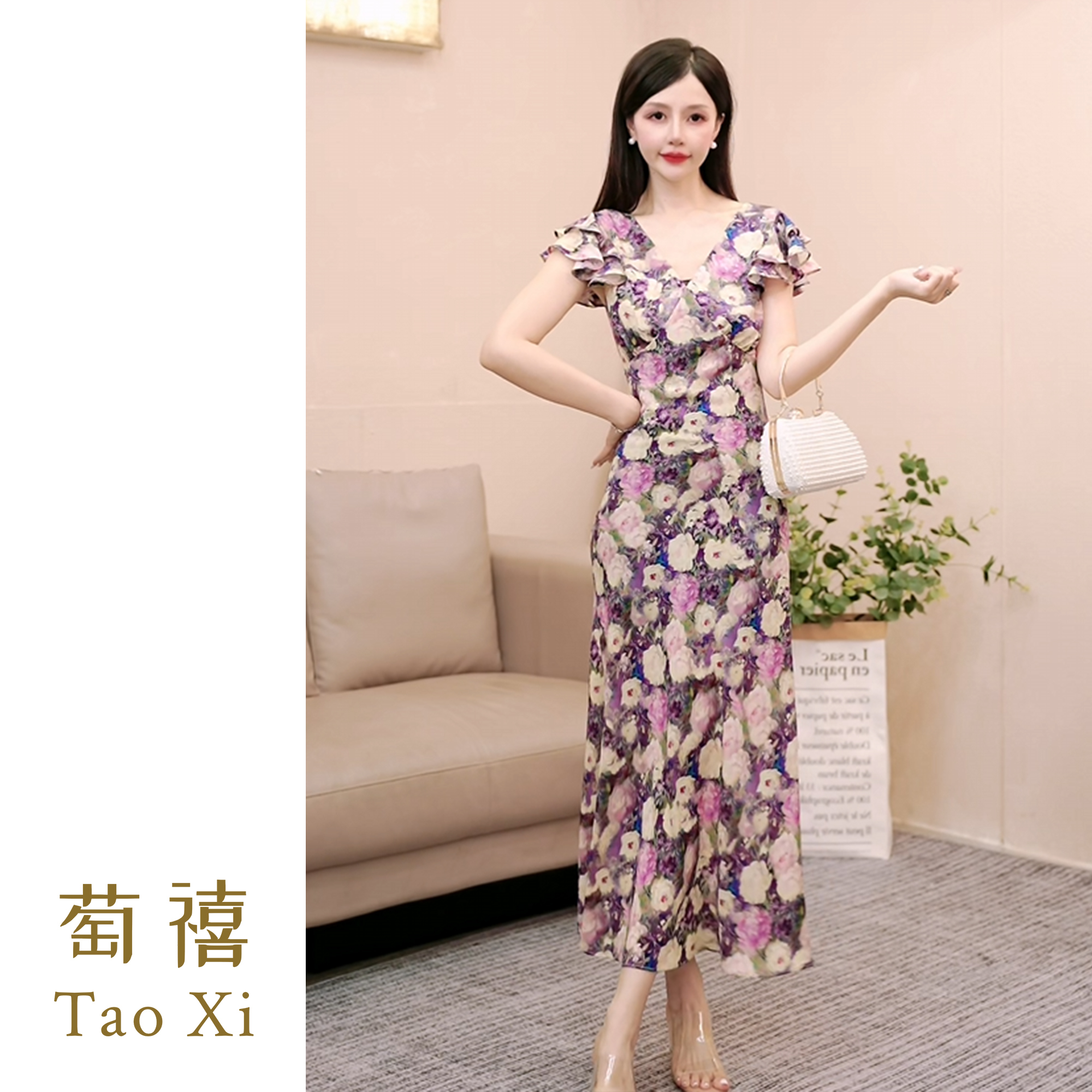 【有你】玫瑰紫花气质印花显瘦飞飞袖高腰中长款连衣裙TX05QZ1028