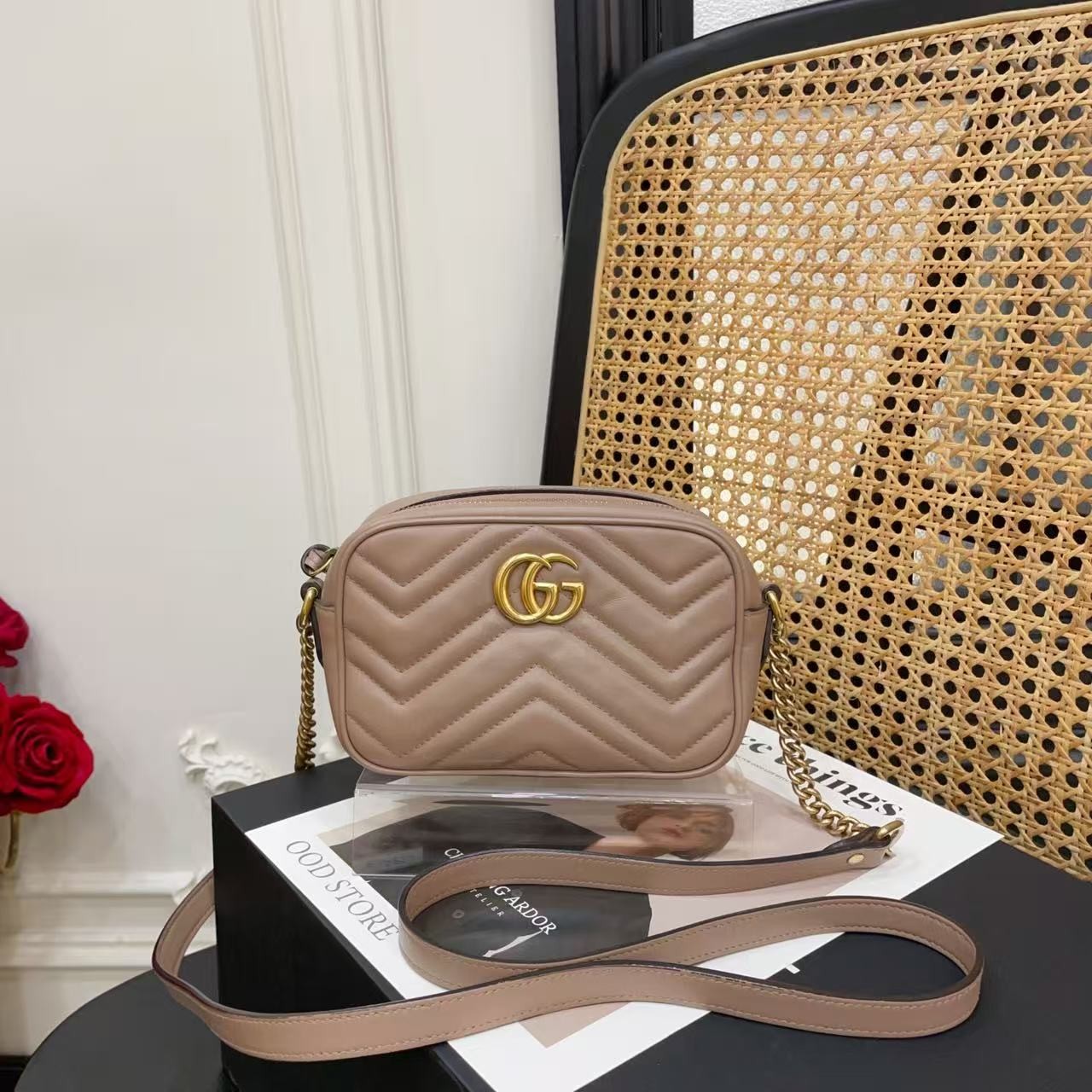 95新 Chanel/香奈儿 好好相机包小号奶茶色金扣单肩包17297954