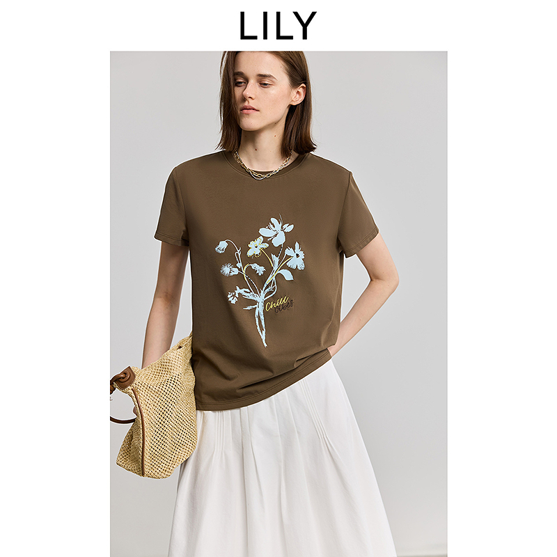 【柜姐专享】LILY2025夏撞色印花图案圆领正肩短袖T恤125229VT971