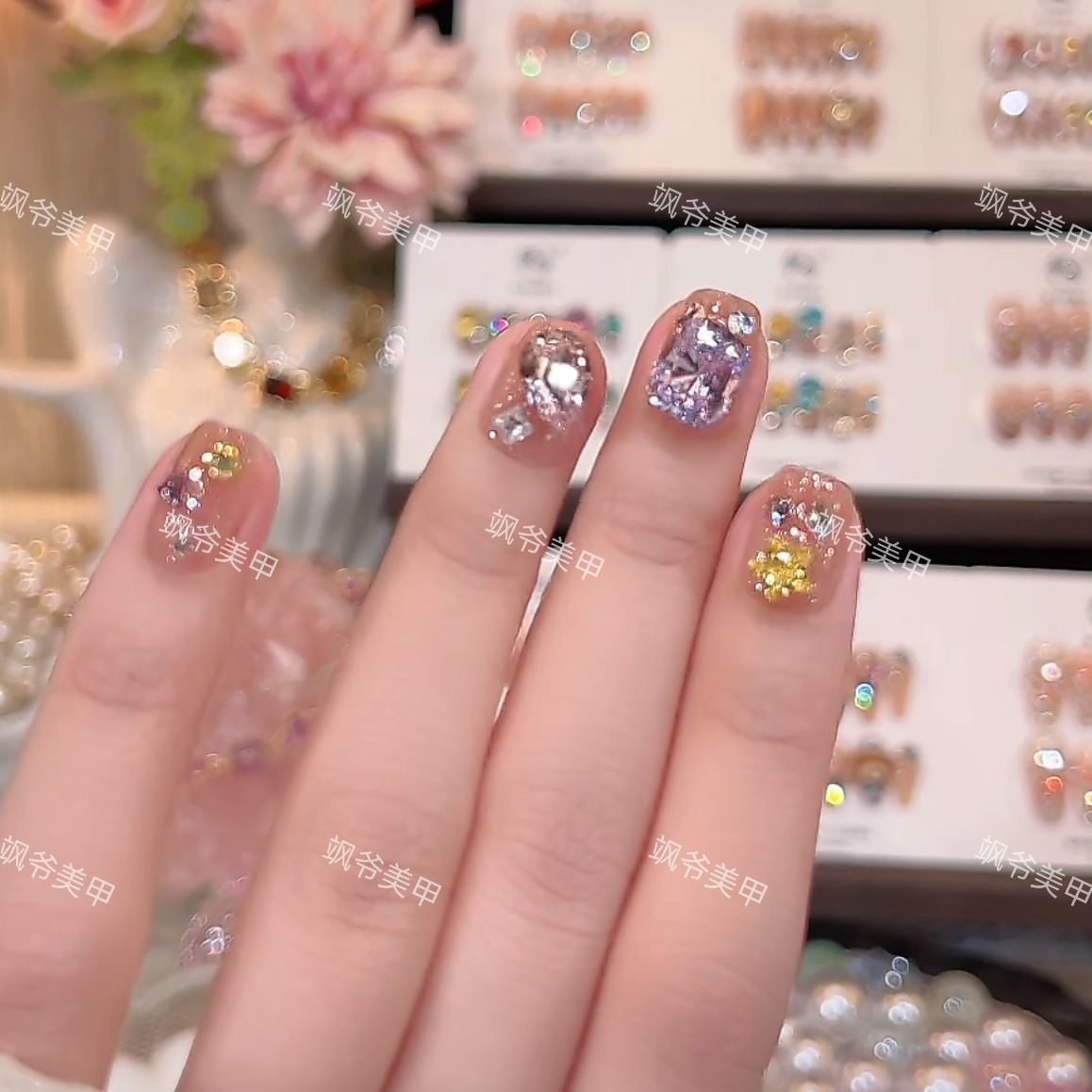 爆闪紫钻-美甲店手工穿戴甲-可重复佩戴-掉钻包补-10片