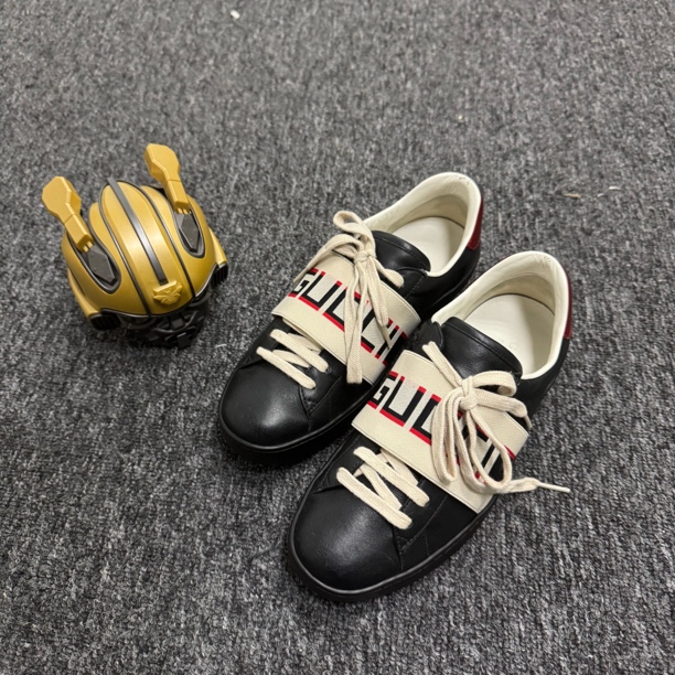 95新 GUCCI/古驰 /39.5码/Ace/黑色绑带Logo板鞋/公价5500