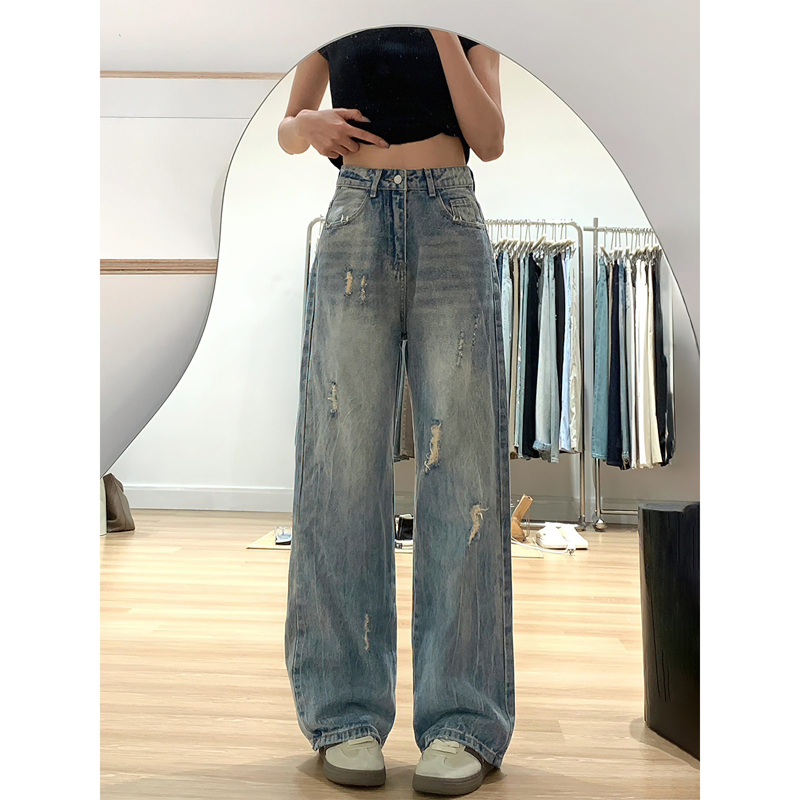 默认瑕疵牛仔裤女阔腿复古显瘦宽松破洞水洗高街做旧设计感夏季