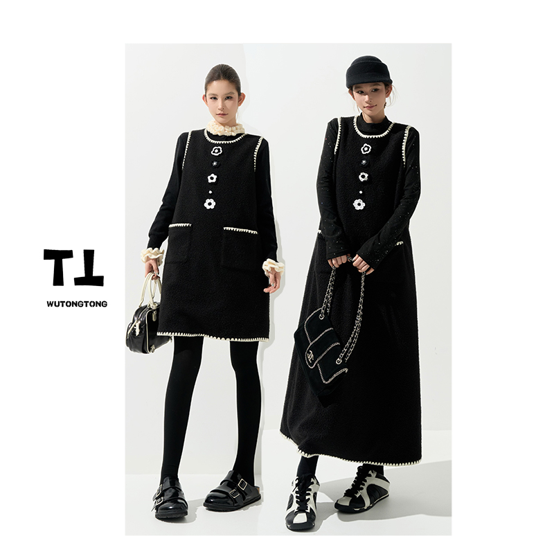 现货【水晶花】冬季新款加厚背带裙女宽松过膝气质无袖连衣裙62977