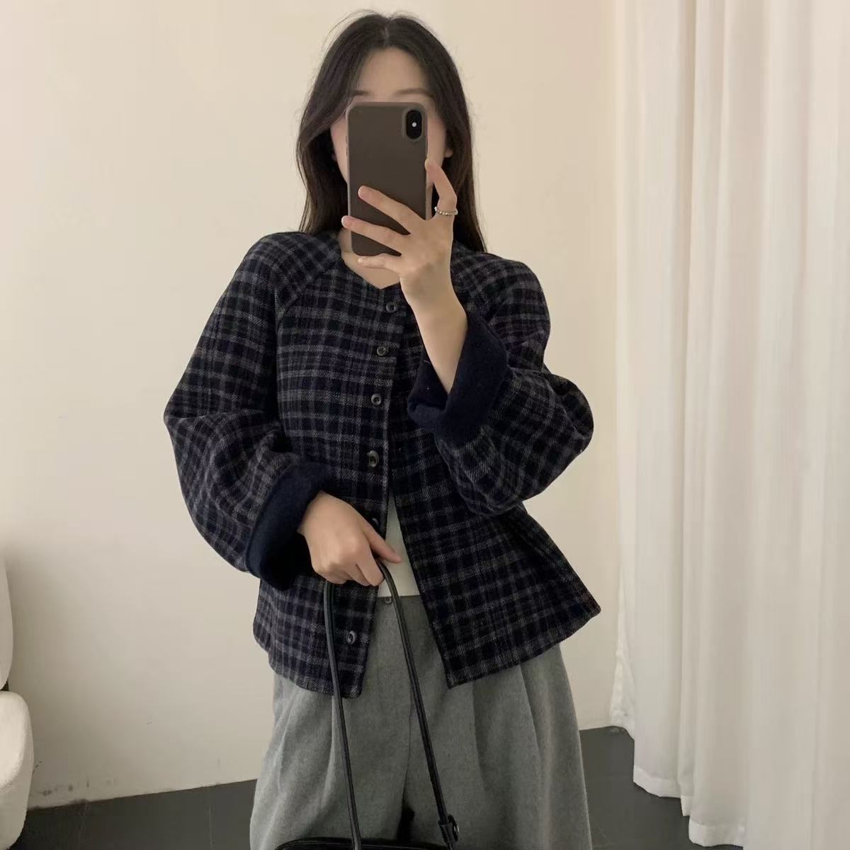 M008--秋冬新款格纹减龄百搭毛呢外套