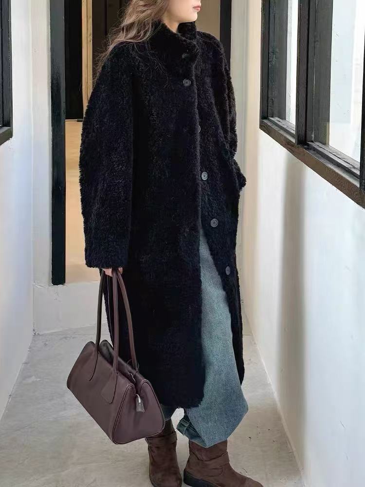 秋冬植绒直下摆保暖立领毛呢外套设计师开衫网红女款
