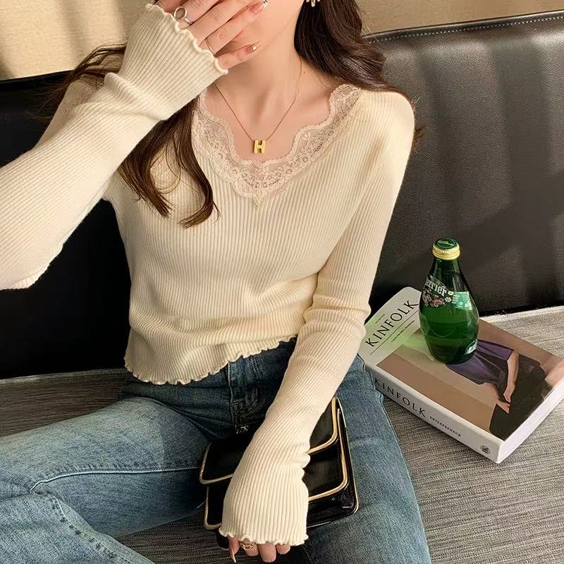 小个子打底衫秋冬v领蕾丝针织衫高级感内搭显瘦修身纯欲上衣1747