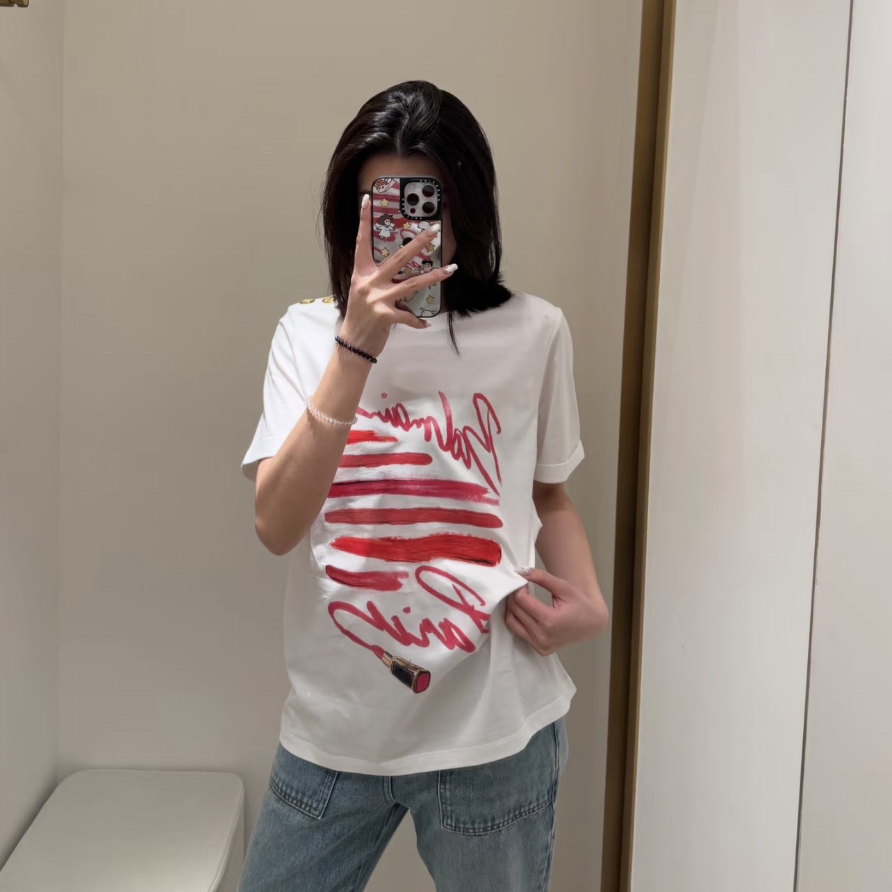 未使用 BALMAIN/巴尔曼 dec647 金扣标语口红印花短袖 xs码 棉