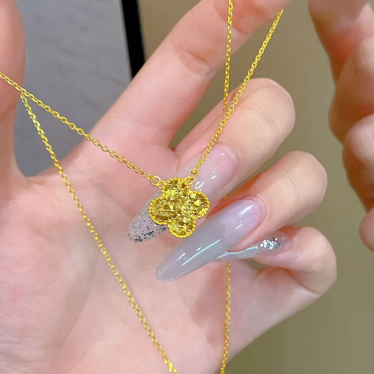 不支持七天无理由【碎冰四叶草黄金项链】足金999 多样性发一 