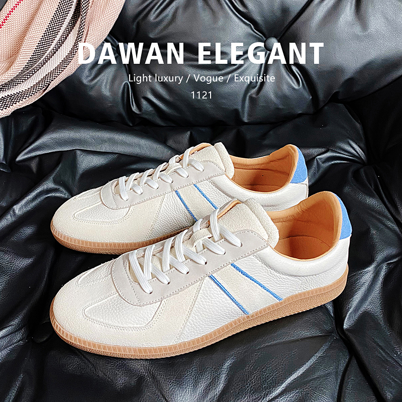 头层牛皮拼色德训鞋真皮百搭小白鞋日式系带运动休闲新款男鞋春秋