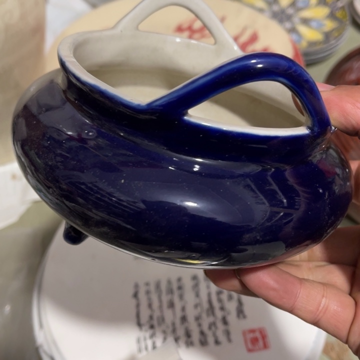 陶库存瓷器霁蓝釉香炉双耳