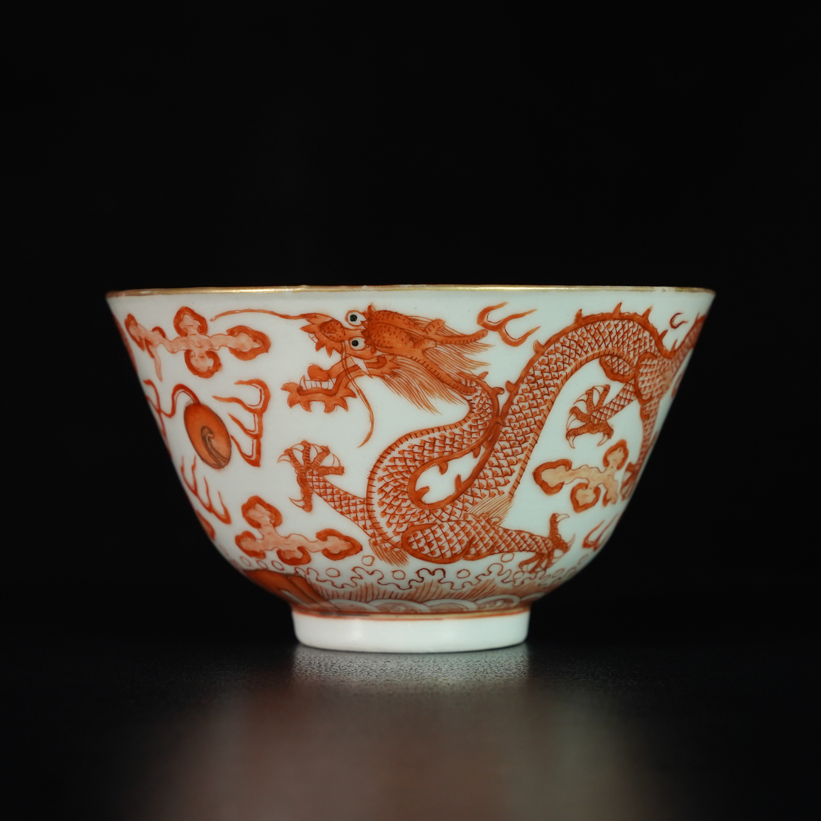 LXRC250304001【十竹斋】清光绪矾红金龙茶碗