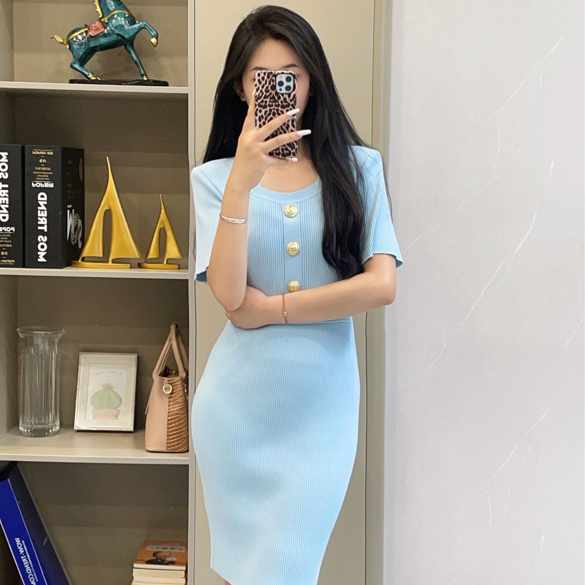 5591新中式修身瘦简约减龄显瘦时髦时尚香风薄款针织连衣裙包臀