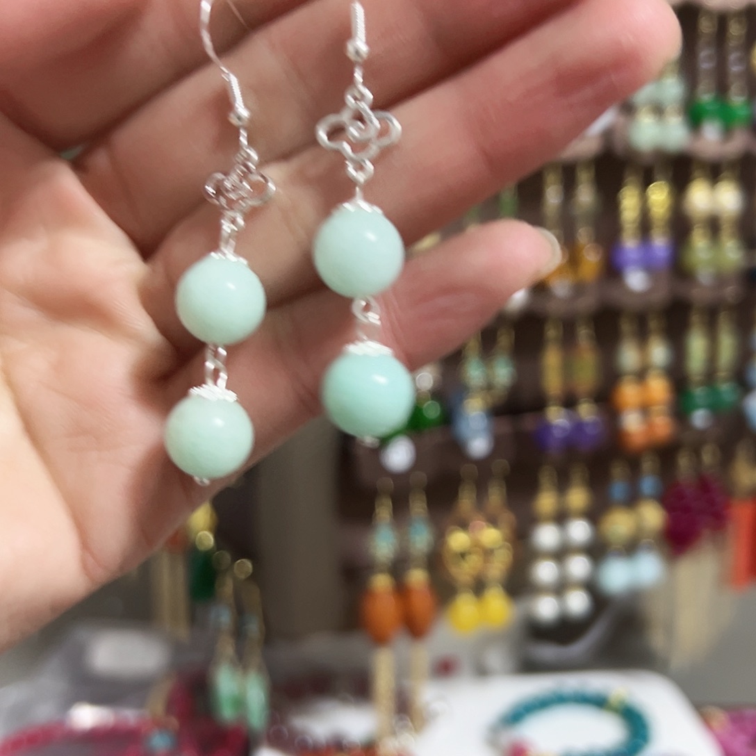 银S925镶嵌耳钉玛瑙/玉髓绿色