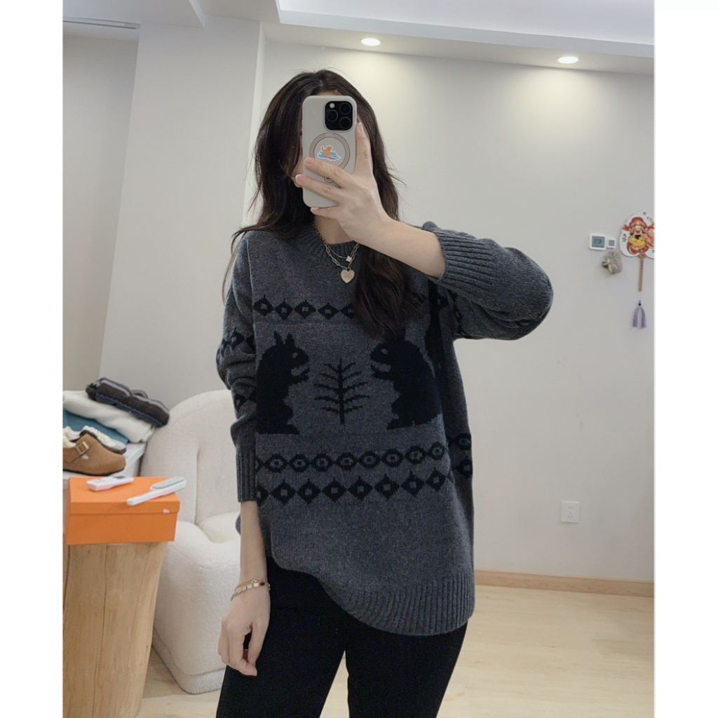 木屋日记复古灰调图案毛衣针织毛衣减龄时尚印花毛衣