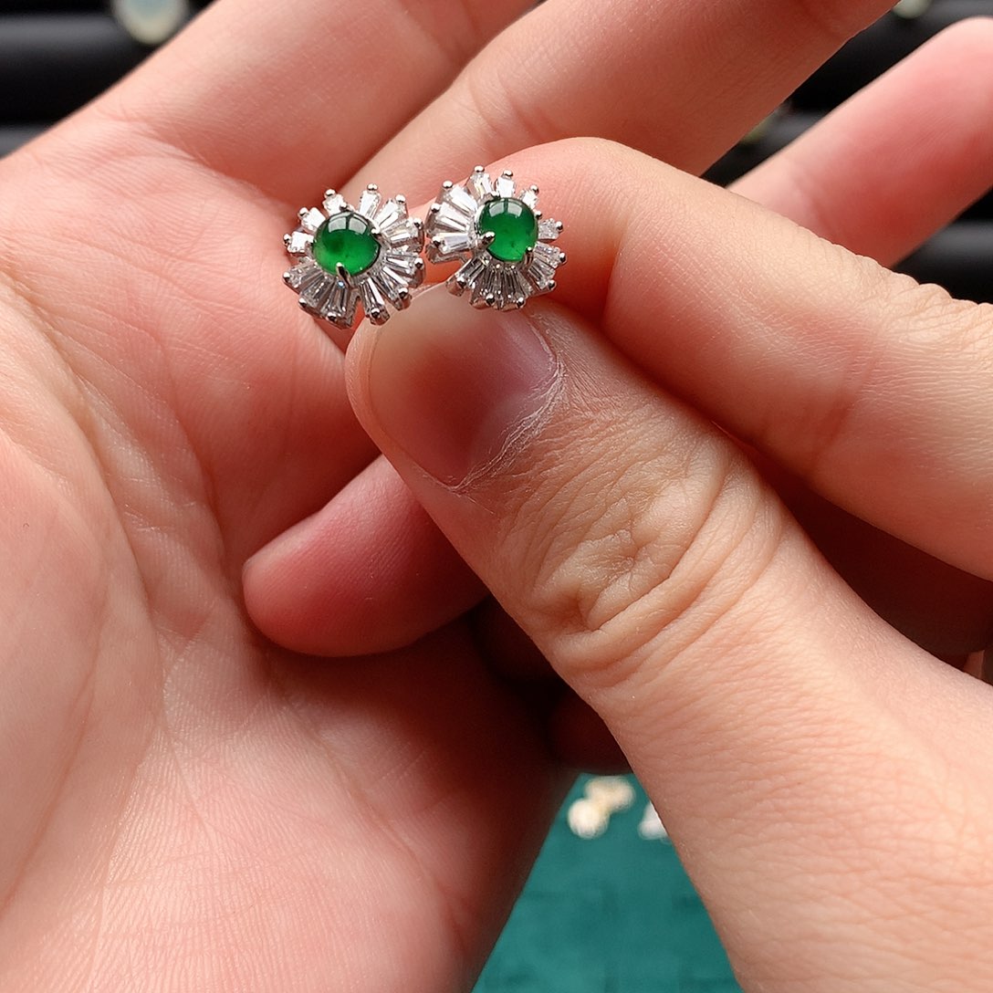 翡翠耳饰银S925镶嵌0227