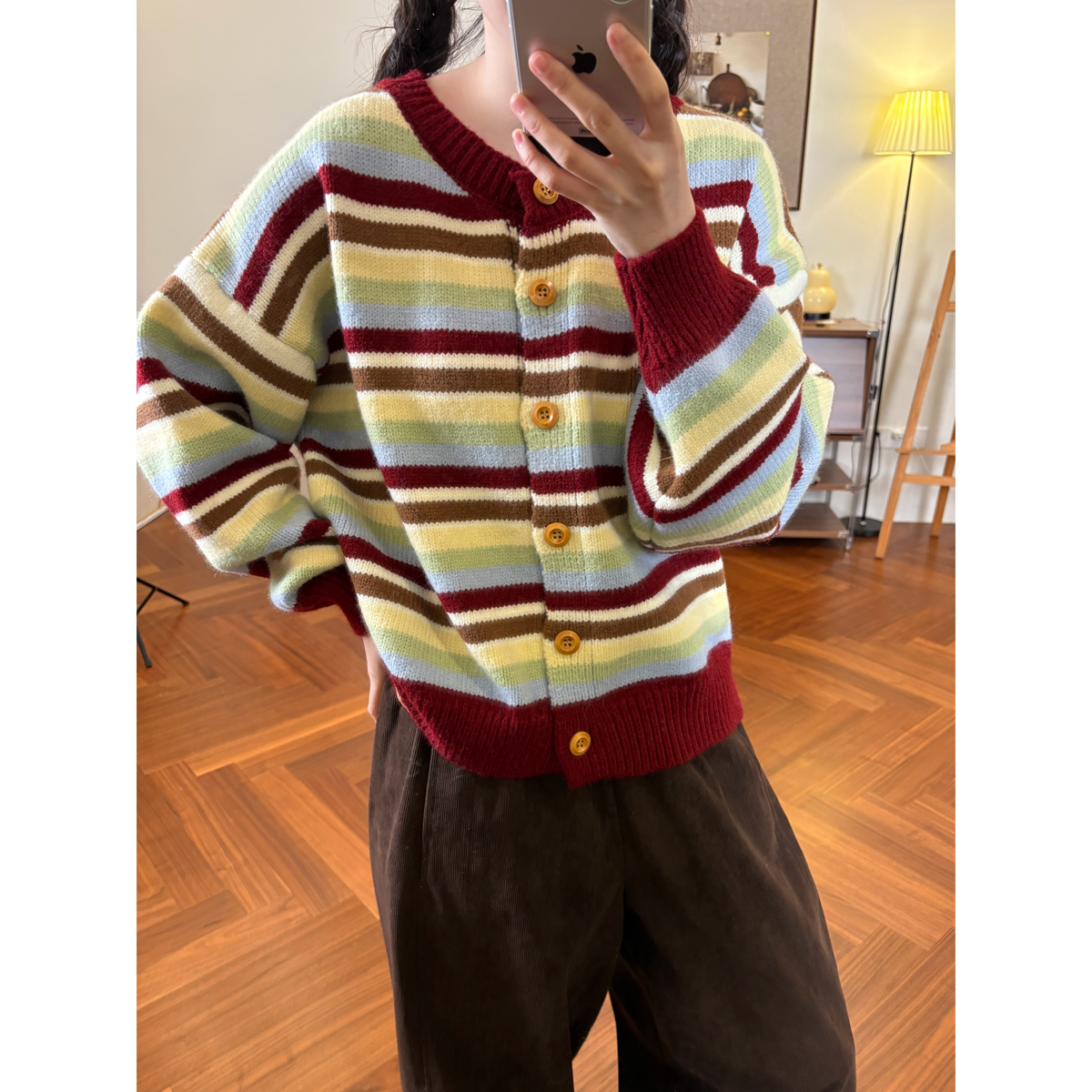 复古软糯彩色条纹针织开衫女韩版秋冬新款宽松百搭显瘦毛衣外套潮