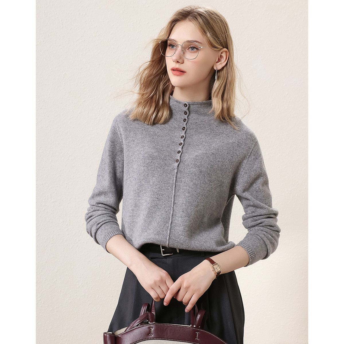 山羊绒小众设计感纯色保暖毛衣外套女式羊毛针织开衫543255005