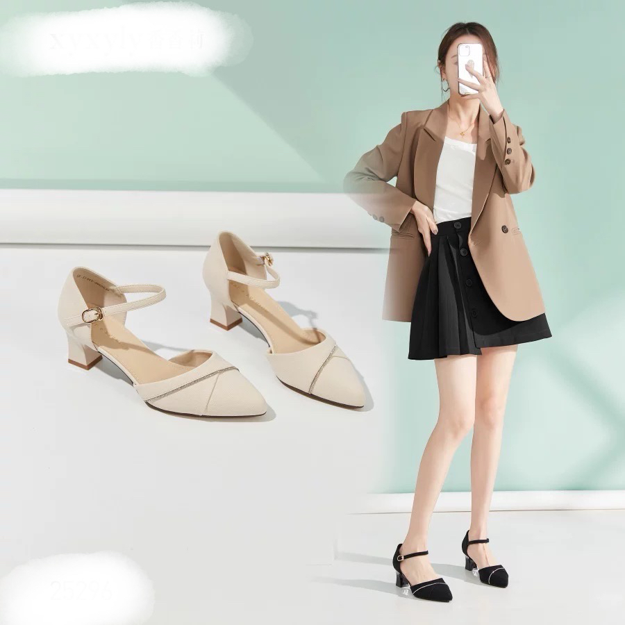 3066春秋新款时尚一字带中空粗跟单鞋F