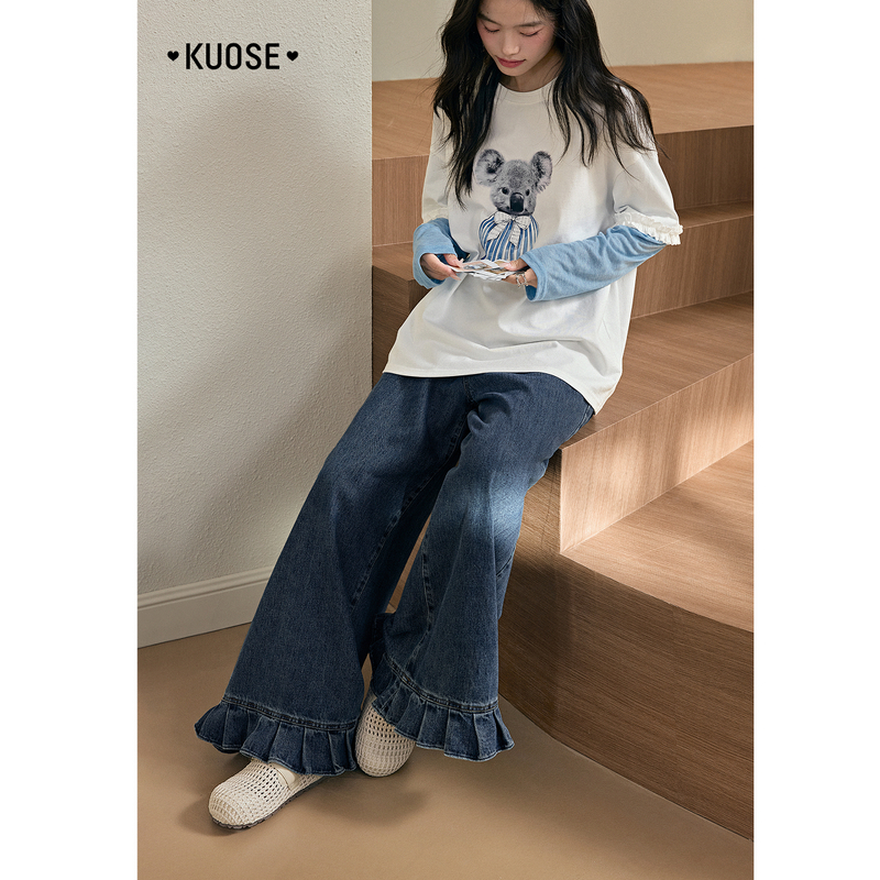 阔色荷叶边牛仔裤女25秋季新款蓝色直筒宽松阔腿长裤KSN2507003