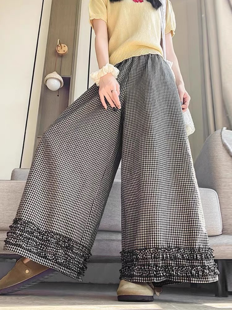 2025新款双层木耳小飞边拼接格子休闲裤慵懒百搭薄款口袋阔腿裤