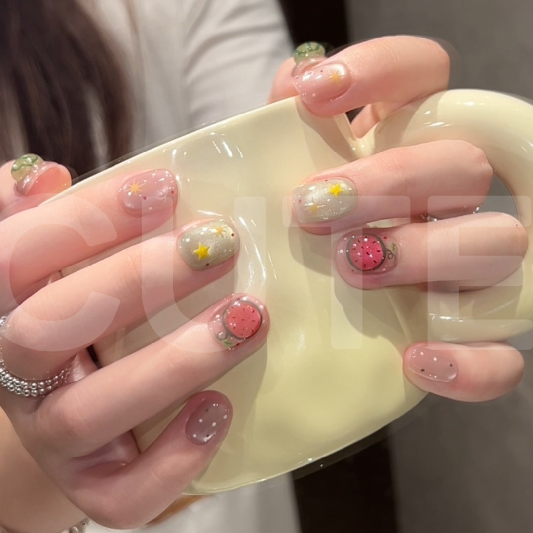 【西瓜啵啵】清新西瓜风格短款手工定制立体可爱猫眼穿戴甲美甲贴片