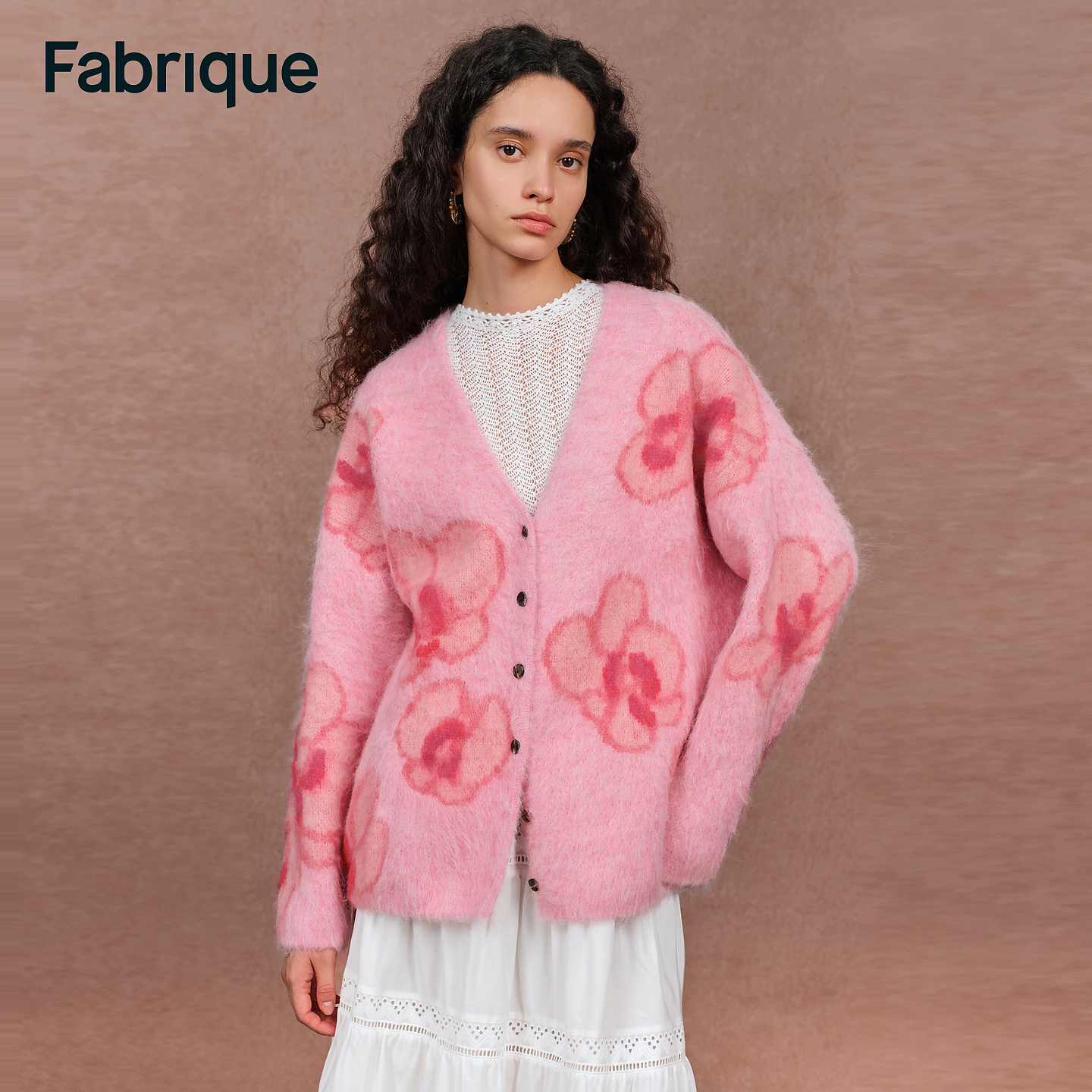 Fabrique Juliet【王艳同款】粉黛蝴蝶兰休闲提花羊驼毛V领针织开衫
