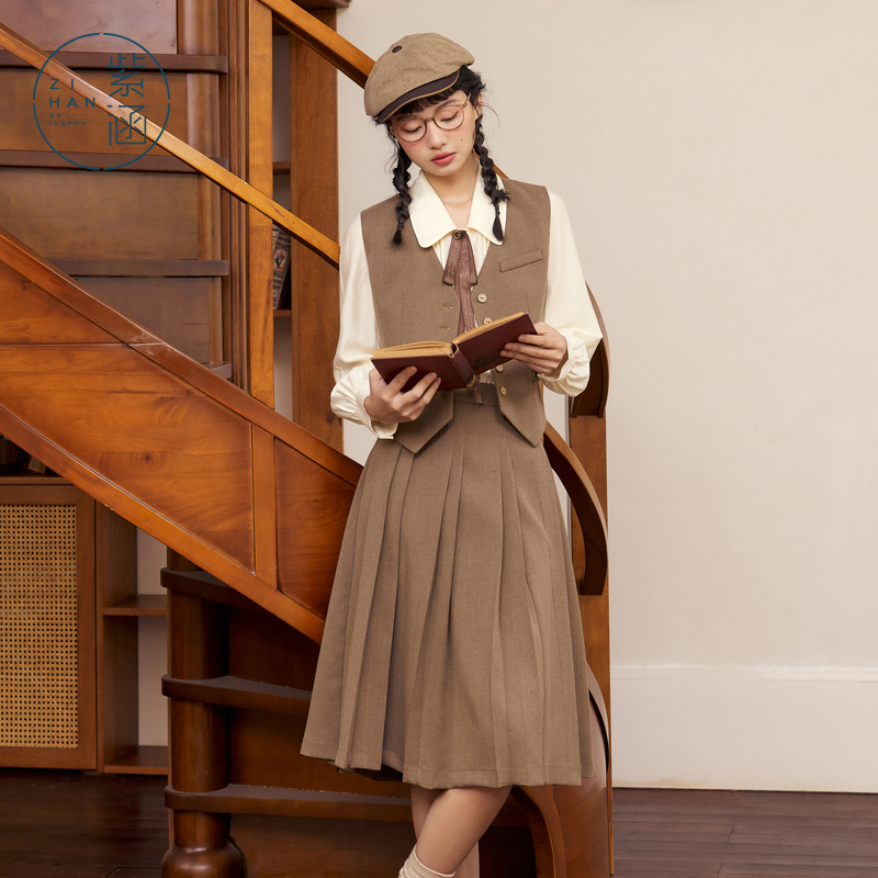 【女装优选WL】紫涵英伦学院风复古马甲百褶裙休闲套装Z4Z07BS207