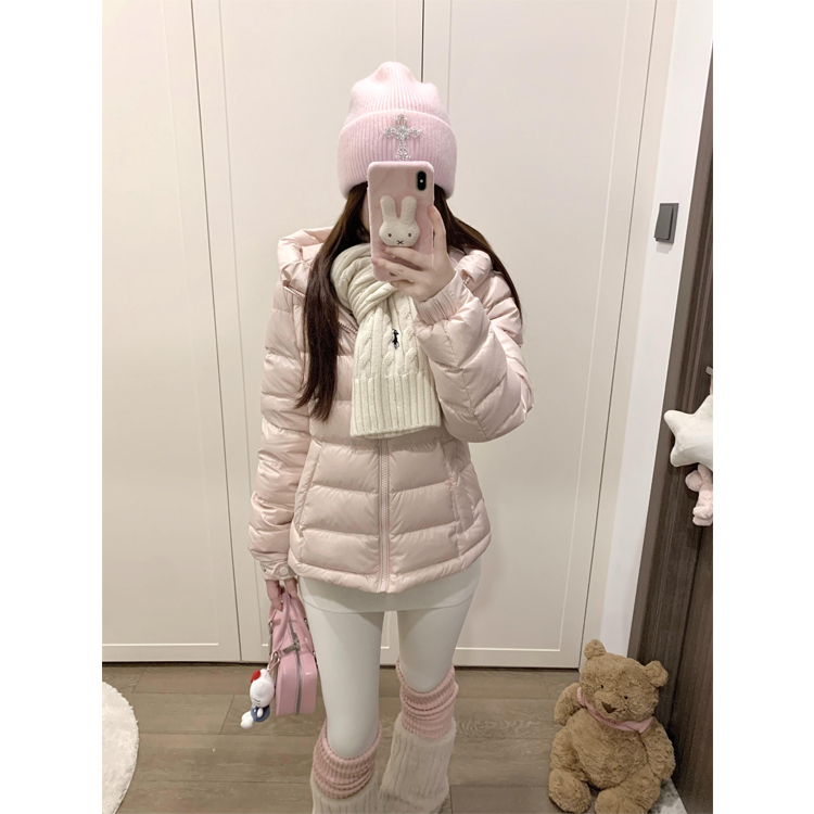 粉色排骨羽绒服女冬季2025年韩系收腰显瘦连帽90白鸭绒面包服外套