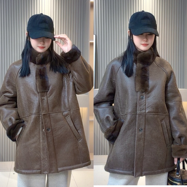 【MT’fur】2598轻油蜡复古做旧磨砂皮毛一体配立领貂皮领皮草外套