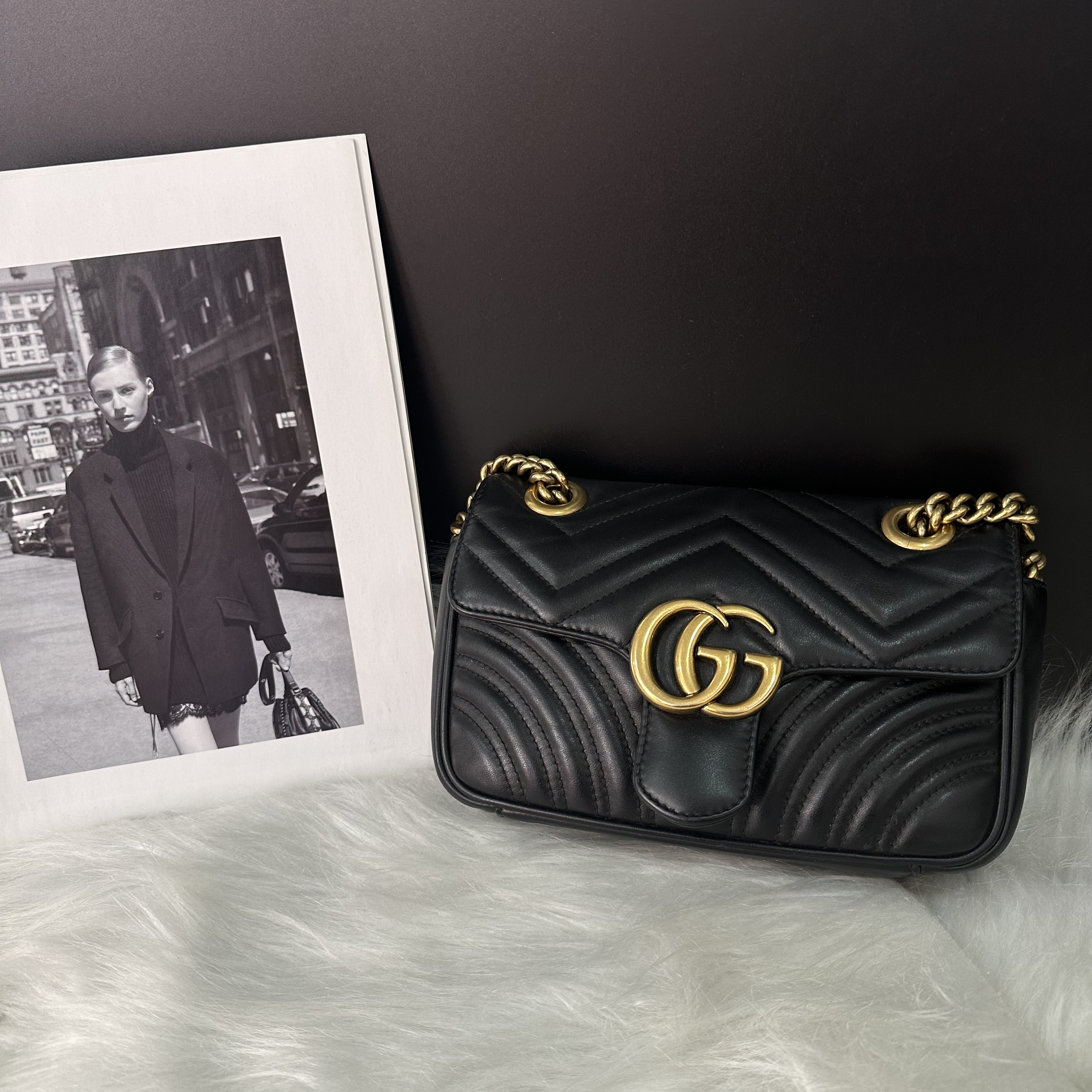 95新 GUCCI/古驰 黑金马蒙22单肩包90934