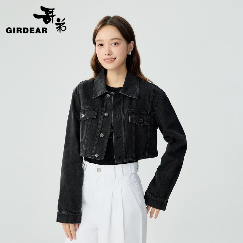 哥弟新款女装百搭长袖单排扣翻领百搭复古牛仔短夹克外套1400671