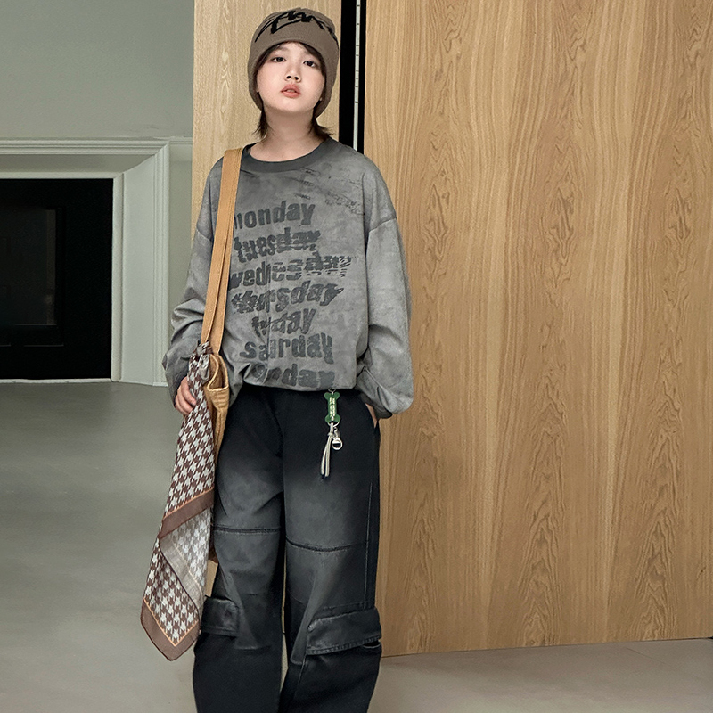 MXT.印花喷墨灰色宽松中大童韩版圆领宽松型街舞服装潮牌儿童t恤