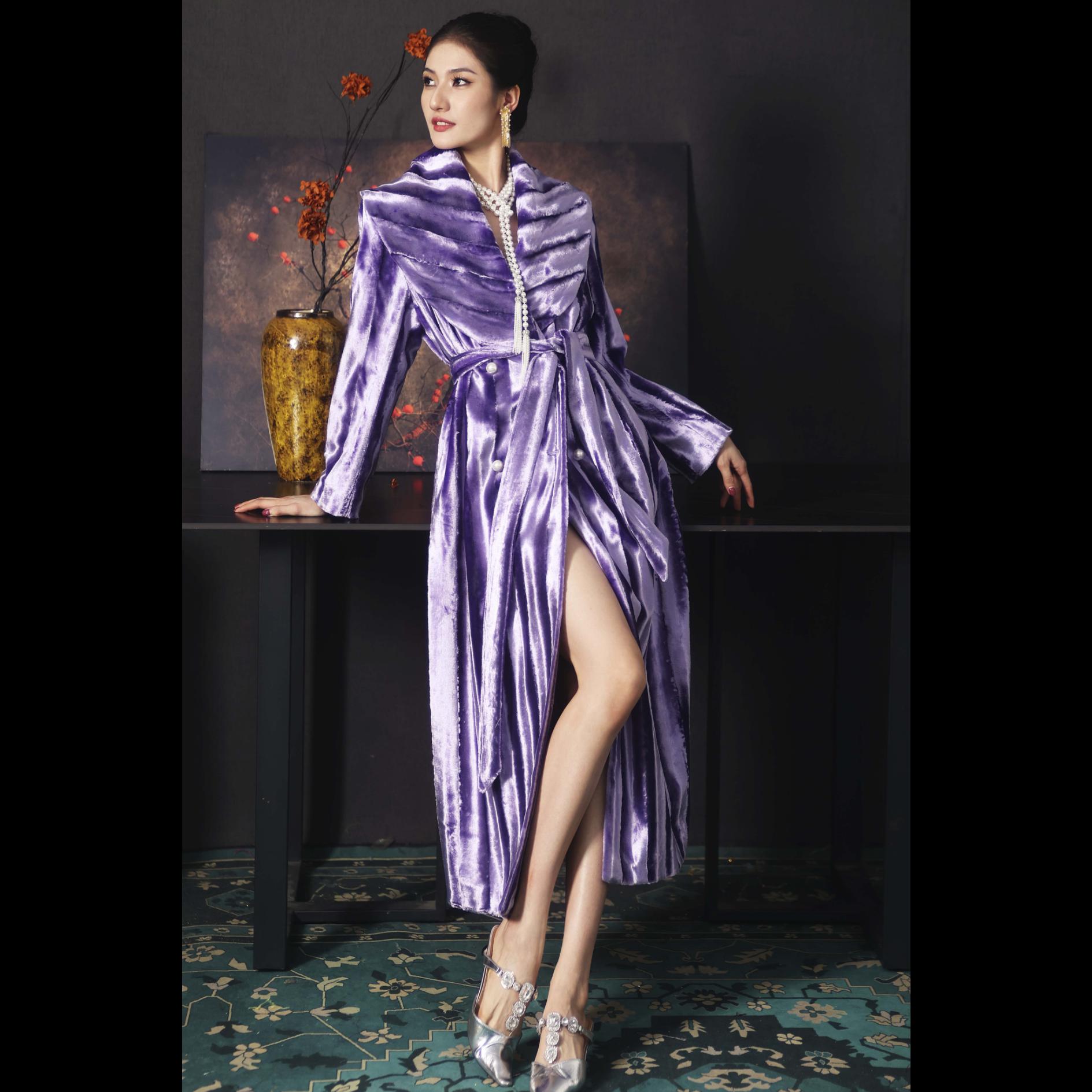 【紫韵·醋酸绒长袍】XM轻奢秋冬优雅高冷名媛女神范极简风高定