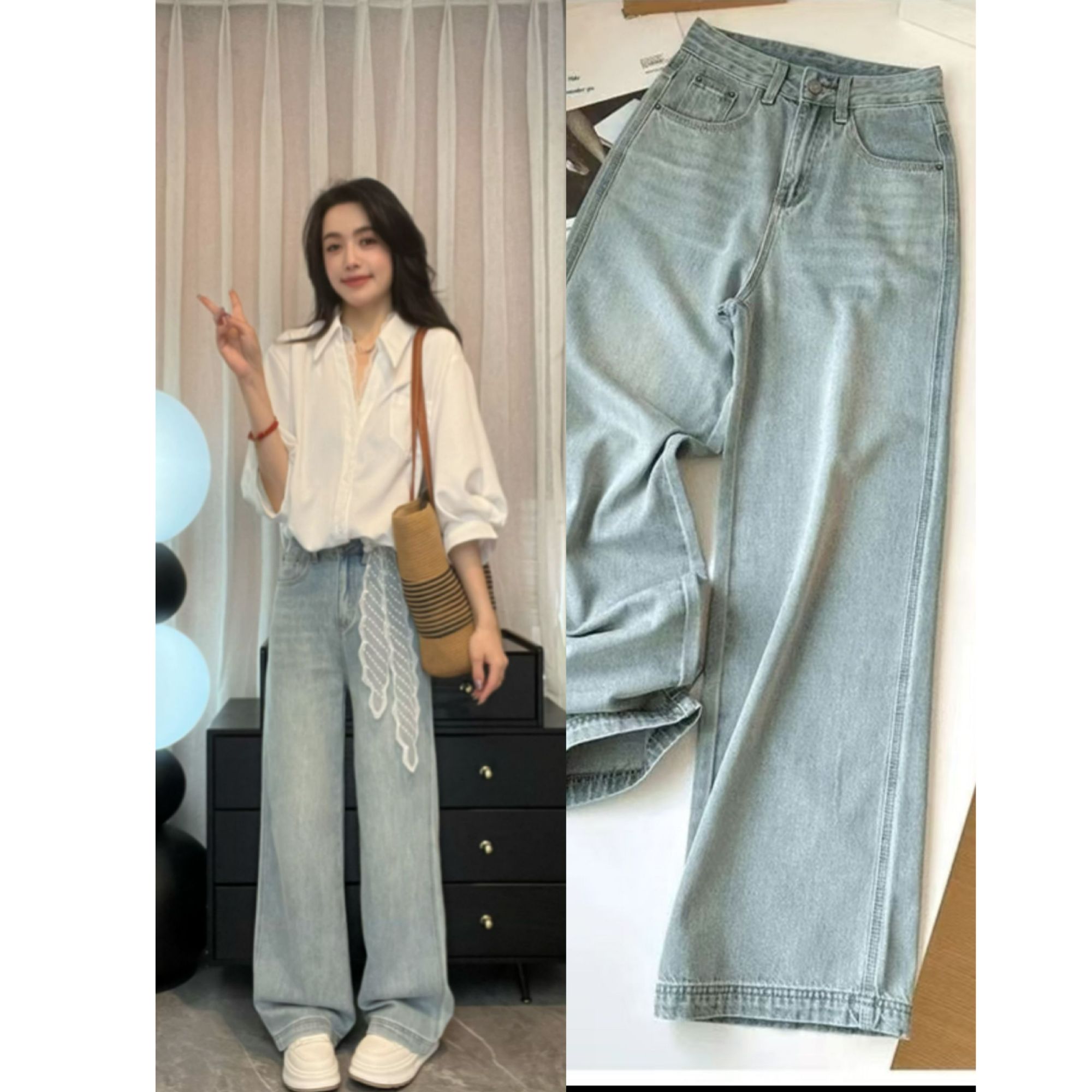 【媛媛】三本针2025夏新款三本针高腰垂感时尚百搭阔腿牛仔裤女