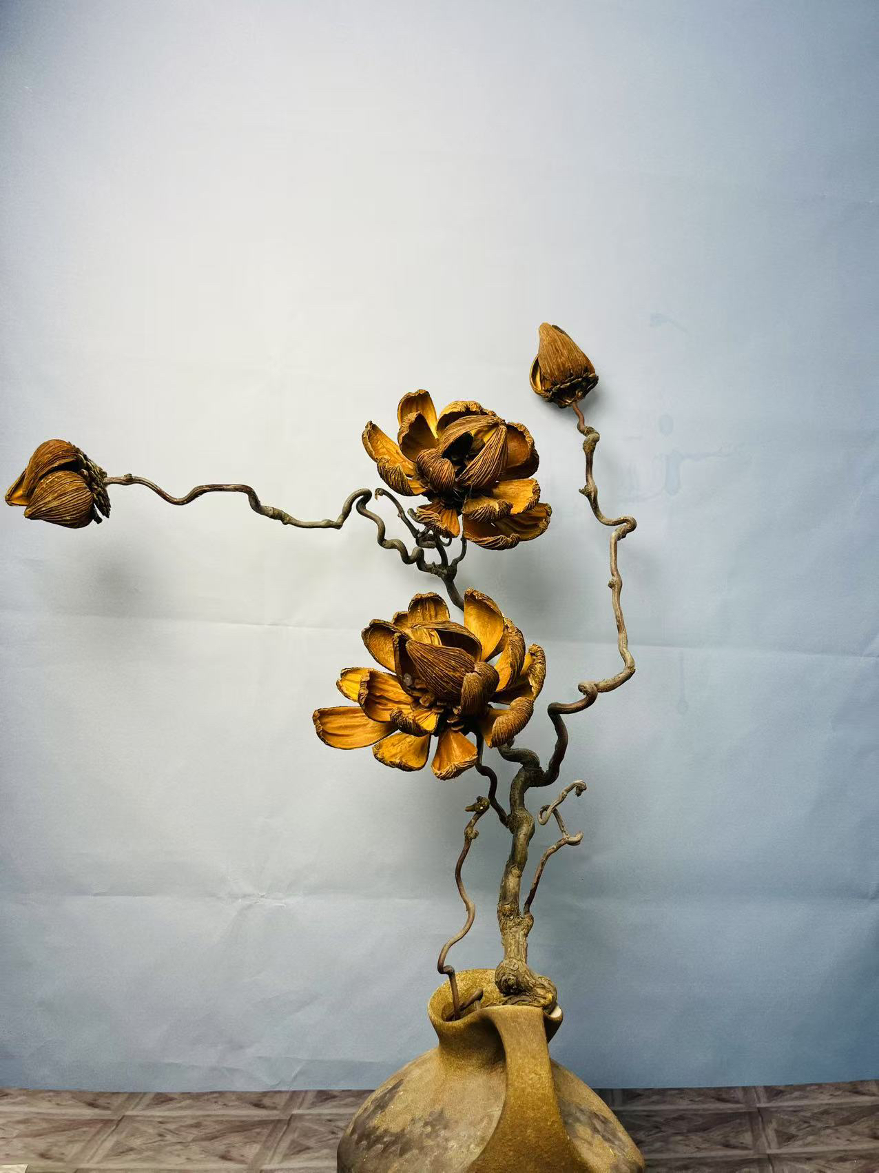 油画莲天然枯枝家居装饰造景干花