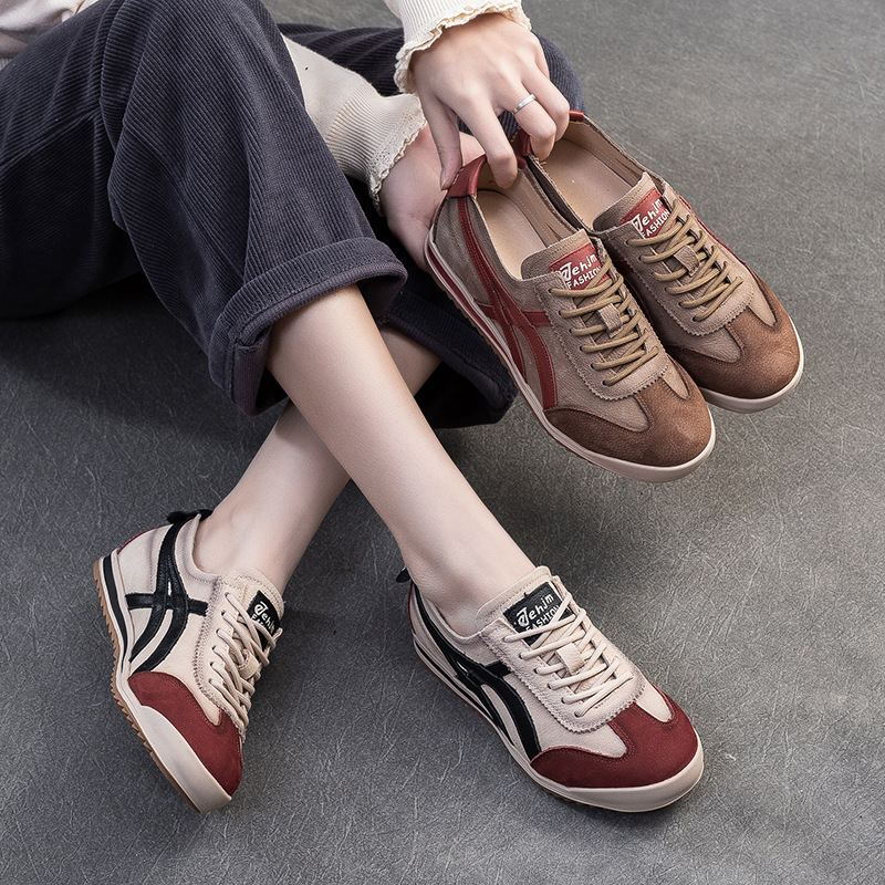 头层牛皮2025春季复古拼色百搭德训鞋平底舒适轻便单鞋运动风