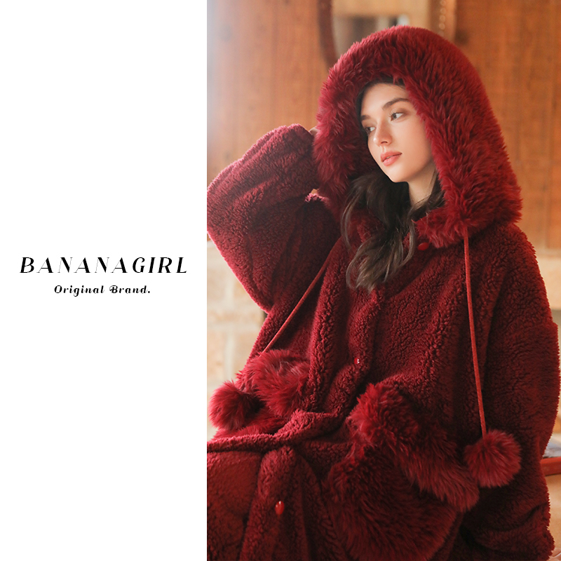 Bananagirl【微醺波尔多】睡衣女秋冬中长款家居服宽松加绒加厚