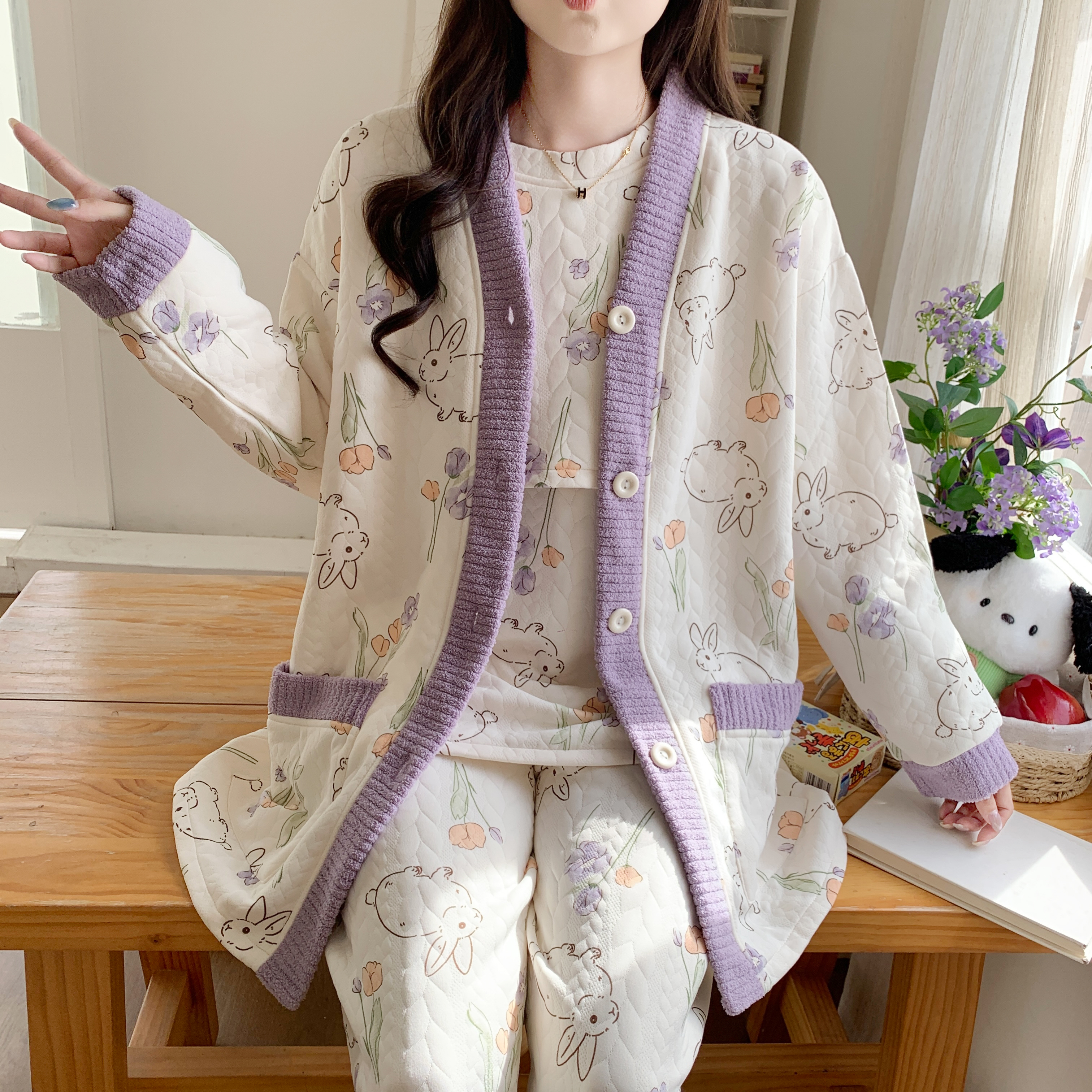 三件套空气棉冬季月子服产后孕妇睡衣产妇哺乳喂奶衣秋天加厚保暖