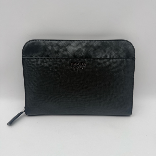 95新 Prada/普拉达 97新深灰色十字纹手拿包/男士2765