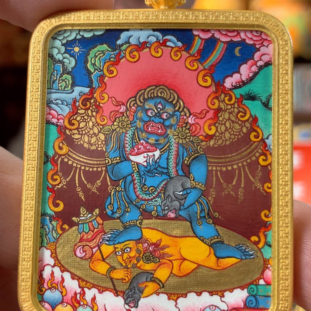 吊坠热贡纯手绘唐卡黑财神作品